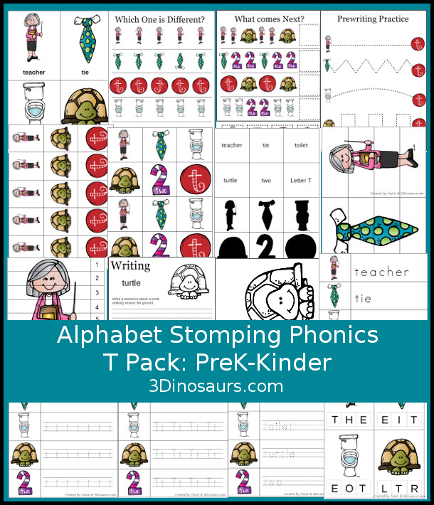 Free Alphabet Stomping Phonics S Prek-Kinder Pack - 30 pages of printables - 3Dinosaurs.com