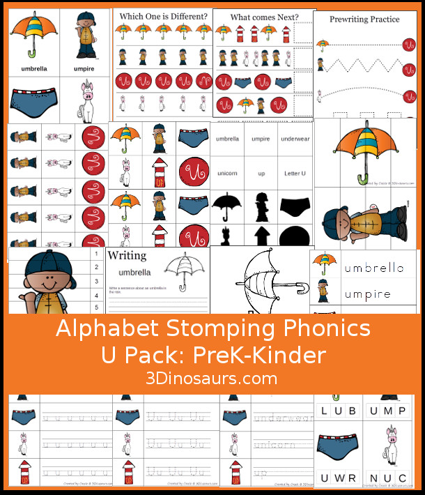 Free Alphabet Stomping Phonics U Prek-Kinder Pack - 30 pages of printables - 3Dinosaurs.com