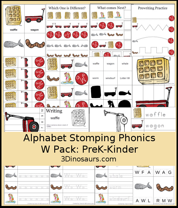 Free Alphabet Stomping Phonics W Prek-Kinder Pack - 30 pages of printables - 3Dinosaurs.com