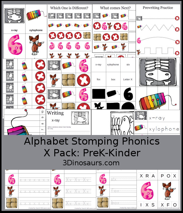 Free Alphabet Stomping Phonics X Prek-Kinder Pack - 30 pages of printables - 3Dinosaurs.com