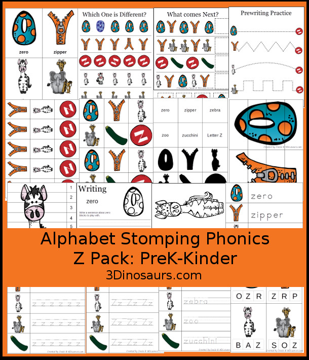 Free Alphabet Stomping Phonics Z Prek-Kinder Pack - 30 pages of printables - 3Dinosaurs.com