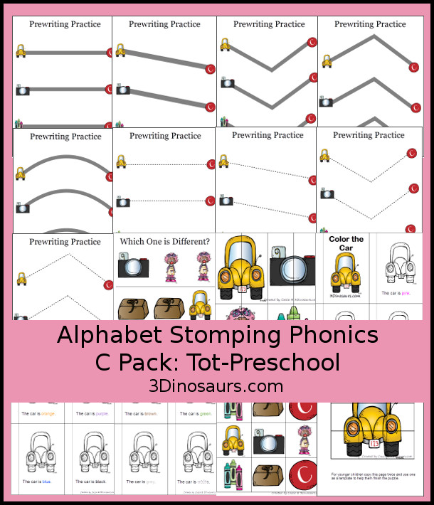 Free Alphabet Stomping Phonics C Tot-Preschool Pack - 20 pages of printables - 3Dinosaurs.com