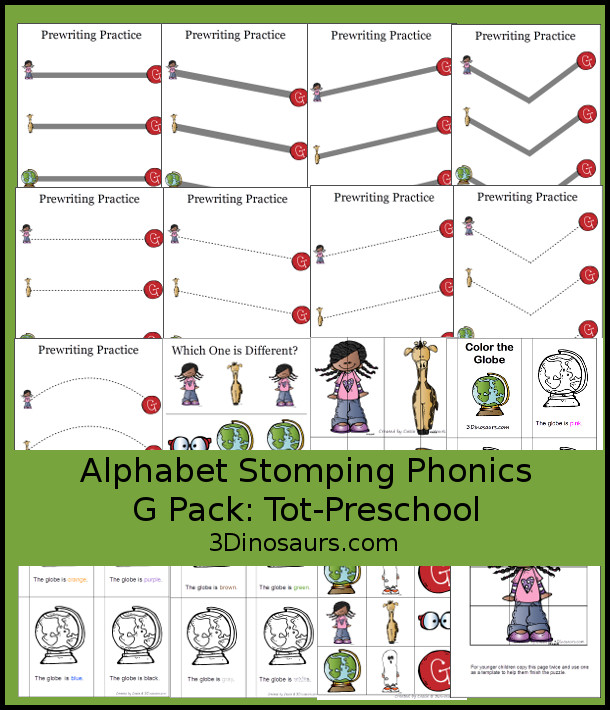 Free Alphabet Stomping Phonics G Tot-Preschool Pack - 20 pages of printables - 3Dinosaurs.com