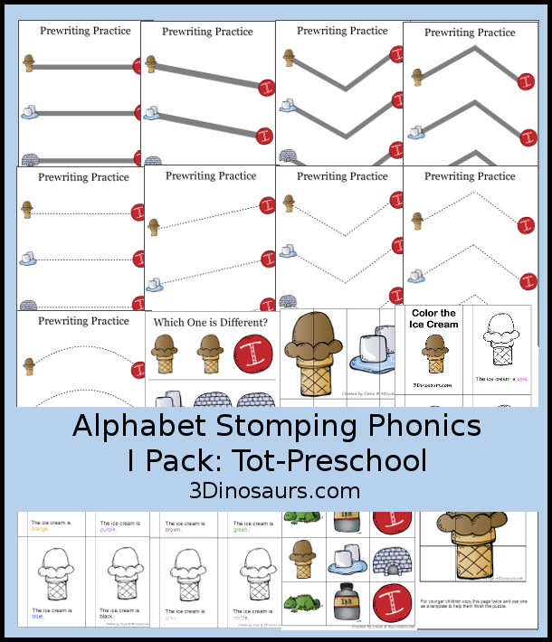 Free Alphabet Stomping Phonics I Tot-Preschool Pack - 20 pages of printables - 3Dinosaurs.com