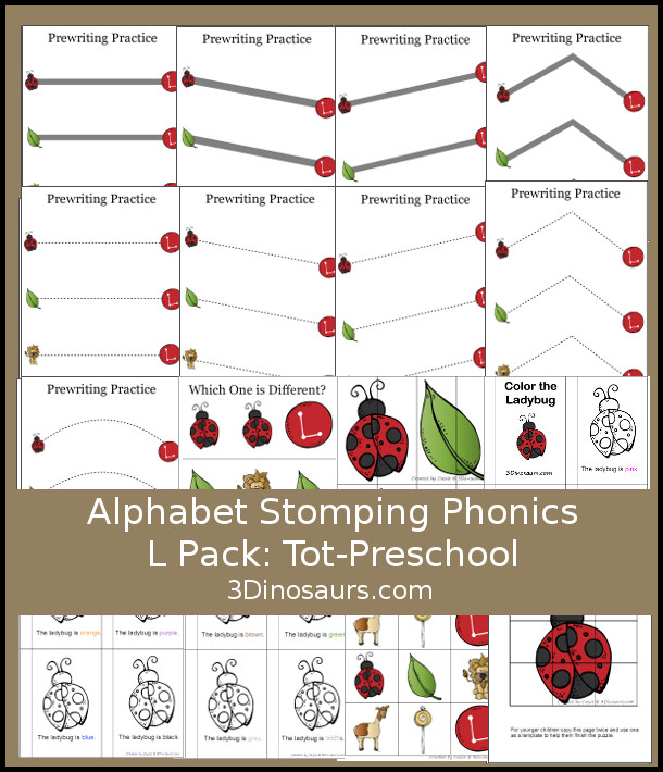 Free Alphabet Stomping Phonics L Tot-Preschool Pack - 20 pages of printables - 3Dinosaurs.com