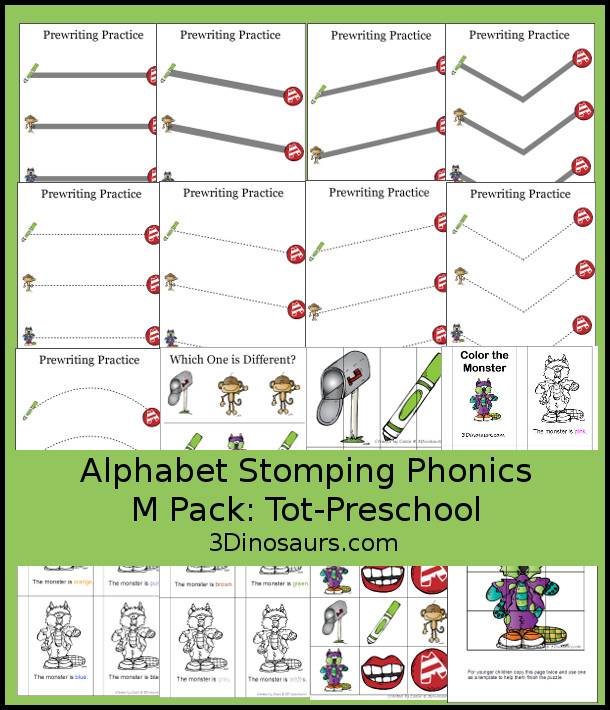 Free Alphabet Stomping Phonics M Tot-Preschool Pack - 20 pages of printables - 3Dinosaurs.com