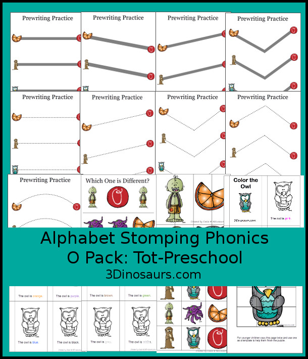 Free Alphabet Stomping Phonics O Tot-Preschool Pack - 20 pages of printables - 3Dinosaurs.com