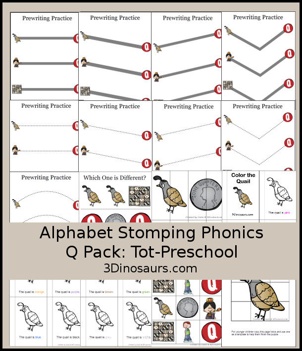 Free Alphabet Stomping Phonics Q Tot-Preschool Pack - 20 pages of printables - 3Dinosaurs.com