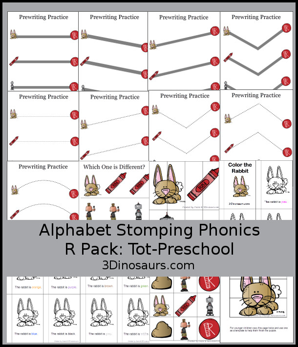 Free Alphabet Stomping Phonics R Tot-Preschool Pack - 20 pages of printables - 3Dinosaurs.com