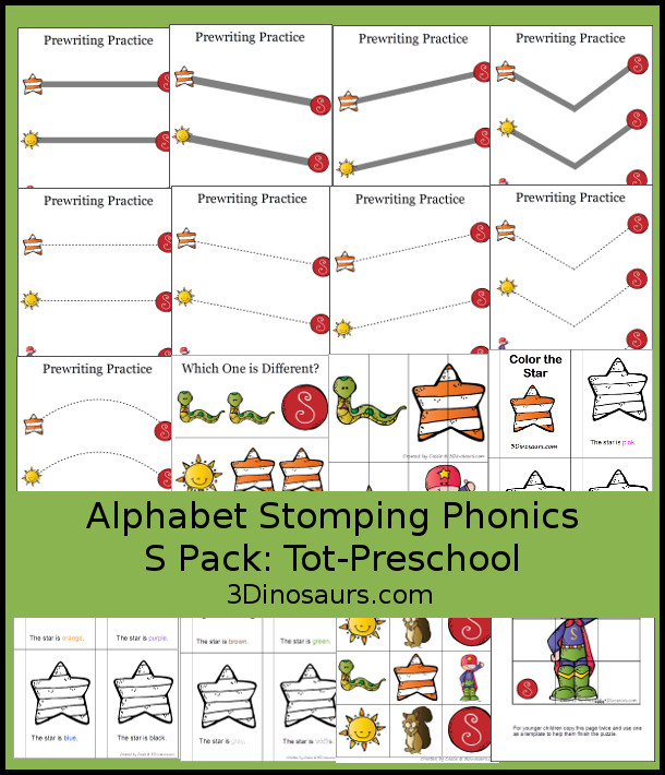 Free Alphabet Stomping Phonics S Tot-Preschool Pack - 20 pages of printables - 3Dinosaurs.com