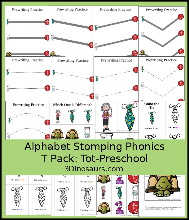 Free Alphabet Stomping Phonics T Tot-Preschool Pack - 20 pages of printables - 3Dinosaurs.com