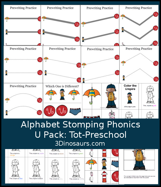 Free Alphabet Stomping Phonics U Tot-Preschool Pack - 20 pages of printables - 3Dinosaurs.com