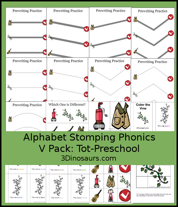 Free Alphabet Stomping Phonics V Tot-Preschool Pack - 20 pages of printables - 3Dinosaurs.com