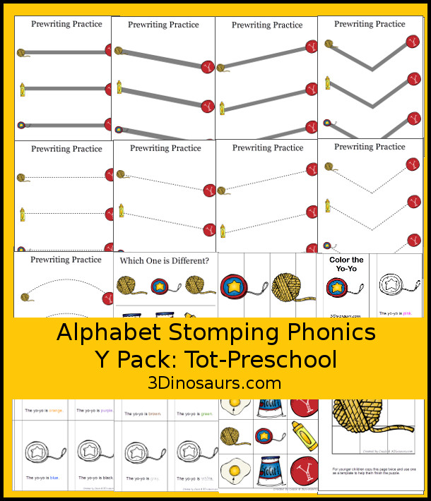 Free Alphabet Stomping Phonics Y Tot-Preschool Pack - 20 pages of printables - 3Dinosaurs.com