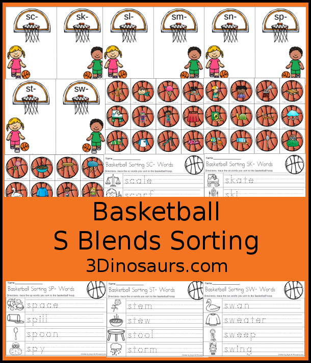 Free Basketball S Blends Sorting Printable - with sorting mats, basketballs with blend pictures and s blend word tracing worksheets. A great beginning blend printable for kids. - 3Dinosaurs.com