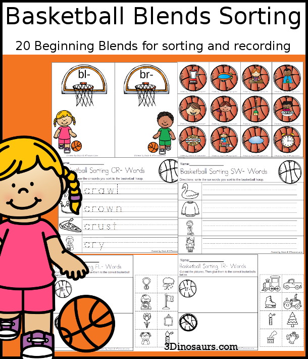 Basketball Blends Sorting Set has 20 blends with sorting mats, basketballs with blends, tracing blends worksheet, writing blends worksheet and cut and paste blends worksheet for kids in first and second grade. - 3Dinosaurs.com