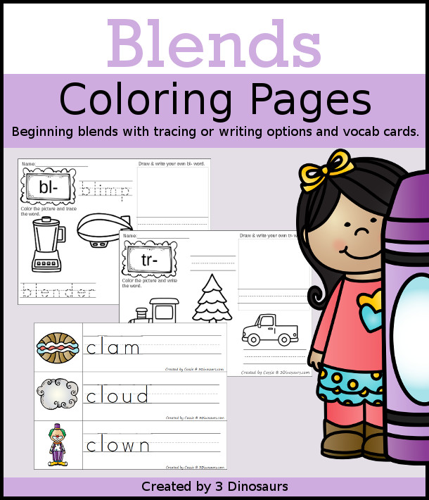 Blends Coloring Pages have the following blends: bl-, br-, cl-, cr-, fl-, fr-, gr-, gl-, pl-, pr-, sc-, sk-,sl-, sm-, sn-, sp-, st-, sw-, tr- with tracing and writing options - 3Dinosaurs.com
