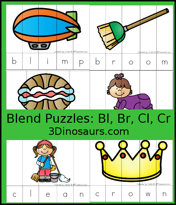 Free Blends Puzzles: consonant blends puzzles for kids to learn Bl-, Br-, Cl-, and Cr- blends. Two puzzles for each beginning blend - 3Dinosaurs.com