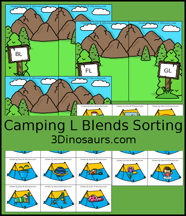 Free Camping Themed L Blends Sorting Printable - with 6 blends to sort with bl, cl, fl, gl, pl, and sl with three matching pictures per blend - 3Dinosaurs.com