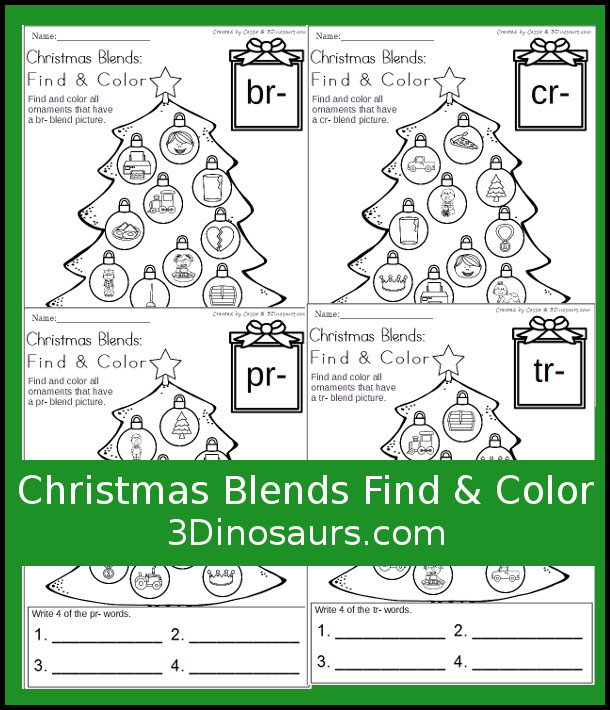 Free Easy No-Prep Christmas Blends Find & Color - with blends br, cr, pr and tr - 3Dinosaurs.com