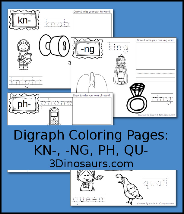 Free Digraph Coloring Pages: KN-, -NG, PH, QU- easy no prep coloring pages - 3Dinosaurs.com