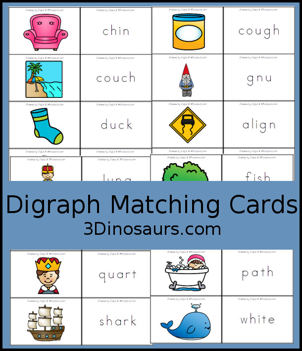 Free Digraph Matching Cards - 20 sets of cards for matching picture and beginning word blends plus see ways to use them - 3Dinosaurs.com