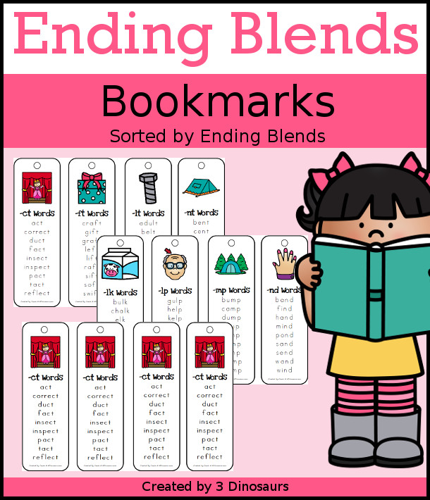 Ending Blends Bookmarks with 16 bookmarks to use with kids. A picture of one ending blend, end blend on the bookmark and a list of words that end with that blend - 3Dinosaurs.com