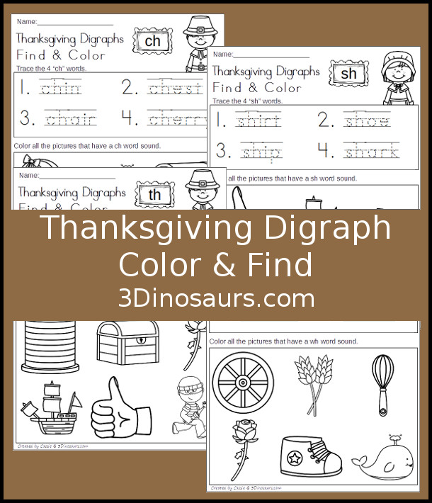 FREE No Prep Thanksgiving Digraph Find & Color: for beginning digraph: ch, sh, th and wh - 3Dinosaurs.com