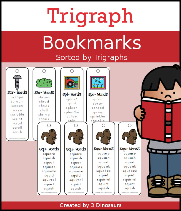 Trigraph Bookmarks - with a picture of a trigraph the three letters that make the trigraph and a word list of that trigraph single print and teacher print options - 3Dinosaurs.com