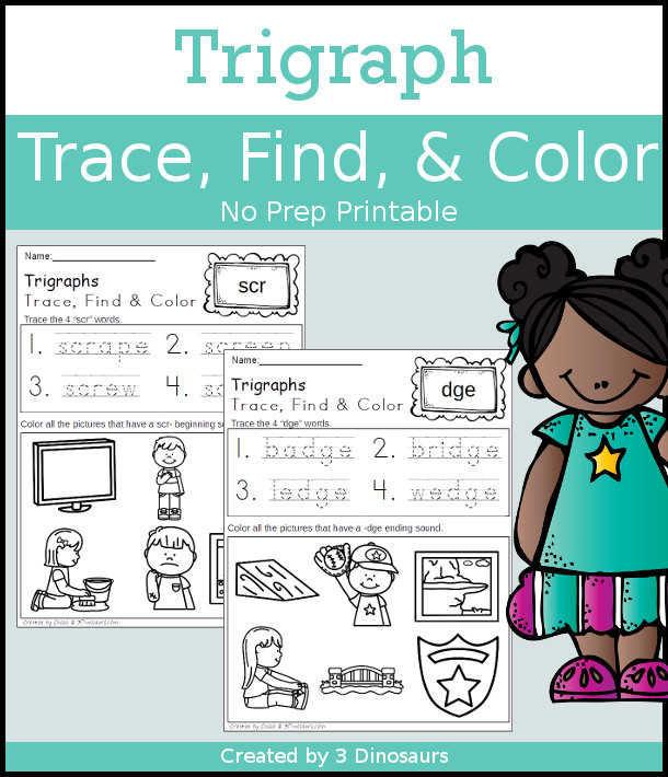 Trigraph Trace, Find & Color - 9 tripgraph beginning and ending in a no prep printable $ - 3Dinosaurs.com