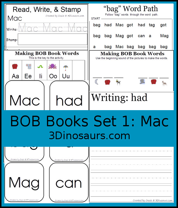 Early Reading Printables BOB Books Printables: Set 1 Book 4 Mac - with 5 fun activities for kids to use with books working on CVC and first sight words - 3Dinosaurs.com