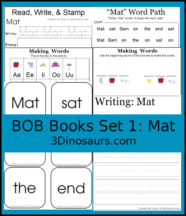 BOB Books Printables: Set 1 Book 1 Mat - 16 pages of printables working on learning words from BOB Books Set 1 book 1 Mat with sight words and CVC words - 3Dinosaurs.com