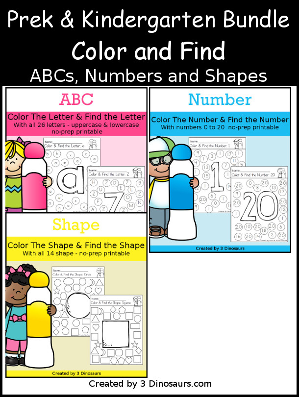 ABC, Numbers & Shapes - Color and Find Bundle - with all 26 letters of the alphabet, numbers 0 to 20, and 12 shapes for kids to find  - 3Dinosaurs.com
