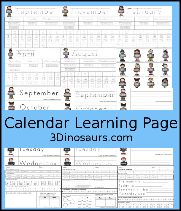 Free Calendar Learning Set Pages - Tracing pages for months, days of the week with tracing strips, writing strips, and pocket chart cards. Plus three daily calendar pages - 3Dinosaurs.com #freeprintable