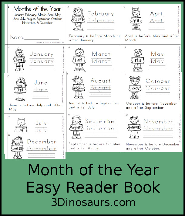 Free Months of the Year Easy Reader Book - a great 8 page book with a sentence to read about the months of the year with reading the words, tracing the word and writing the word. - 3Dinosaurs.com