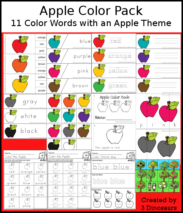 Apple Color Pack - with 65 pages of printables with color easy reader book, color clip cards, color tracing strips, color writing strips, color pocket chart cards, color word writing, color word puzzles, and more all to work on learning color words. This is a great fall apple theme - 3Dinosaurs.com