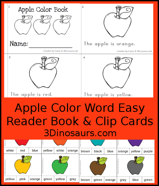 FREE Apple Color Clip Cards & Matching Easy Reader Book - 11 clip cards with a matching 12-page easy reader book - 3Dinosaurs.com