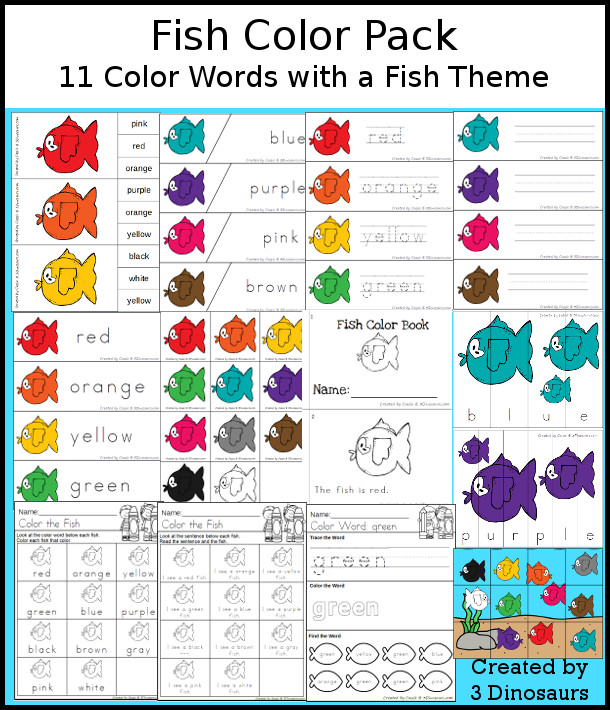 Fish Color Pack - with 65 pages of printables with color easy reader book, color clip cards, color tracing strips, color writing strips, color pocket chart cards, color word writing, color word puzzles, and more all to work on learning color words. This is a great Fish theme - 3Dinosaurs.com