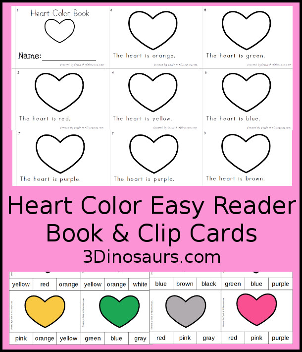 Free Heart Color Easy Reader Book & Clip Cards - with 11 colors in an easy reader book with matching color clip cards to use with the book - 3Dinosaurs.com