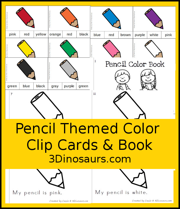 FREE Pencil Color Clip Cards & Matching Book - 11 clip cards with a matching 12-page easy reader book - 3Dinosaurs.com