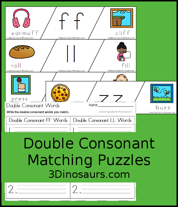 Free Double Consonant Puzzle Printable with double consonants ff, ll, ss, and zz with three piece puzzles for matching pictures and words for the double consonant letters in the middle of the puzzle - 3Dinosaurs.com