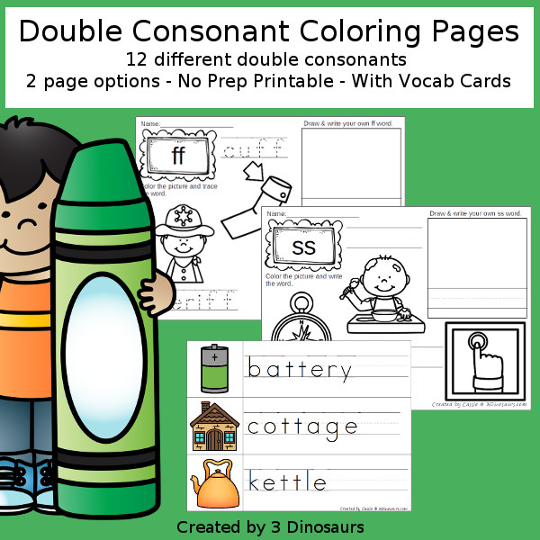 Double Consonant Coloring Page Printables - with two types of coloring pages with tracing the word and writing the word with 2 pages for each double consonant ff, ll, ss, and zz - 3Dinosaurs.com