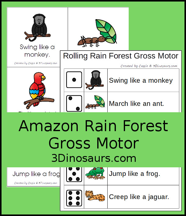 Free Amazon Rain Forest Theme Gross Motor With Afternoon in the Amazon - wth 6 fun animal movements. The animals all come from the book and go great with the Magic Tree House book - 3Dinosaurs.com #magictreehouse #grossmotor #freeprintable 