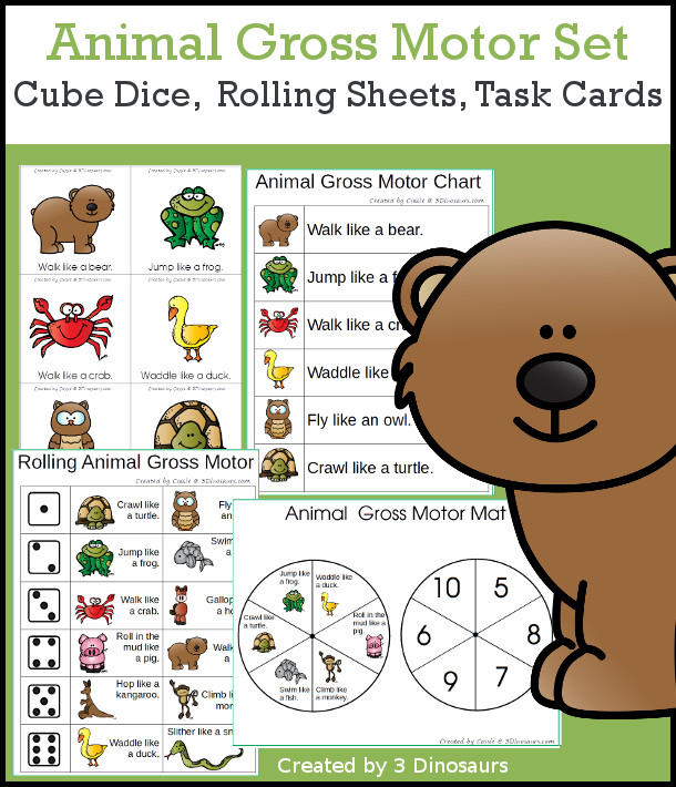 Free Animal Walking Themed Gross Motor Dice -  12 animal movements in 2 dice with 1 movement dice with two options for dice type - 3Dinosaurs.com #grossmotor #freeprintable