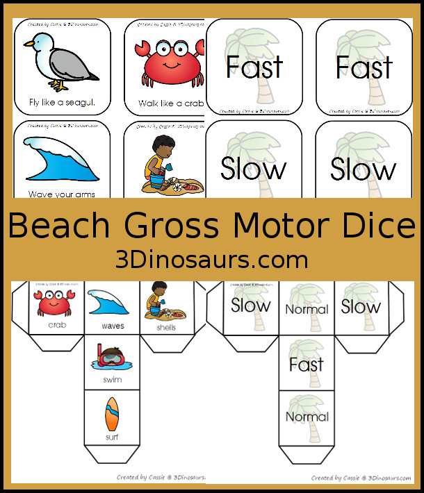 Free Beach Themed Gross Motor Dice - movement and speed dice for kids to have fun with - 3Dinosaurs.com