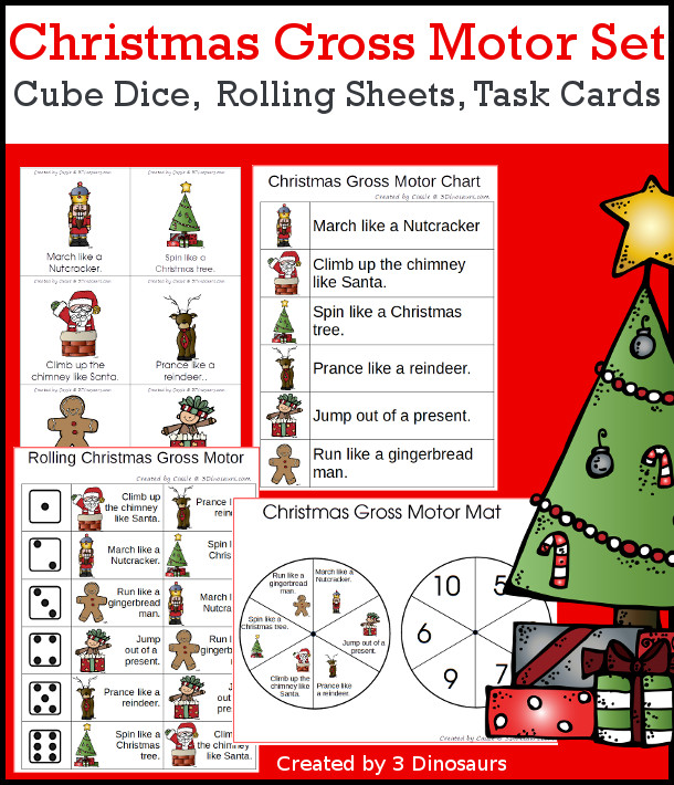 Christmas Gross Motor Dice - with dice, rolling dice sheets, and gross motor cards so you can do fun Christmas themed movements. These are perfect for brain breaks, screen breaks, and mini gross motor centers - 3Dinosaurs.com