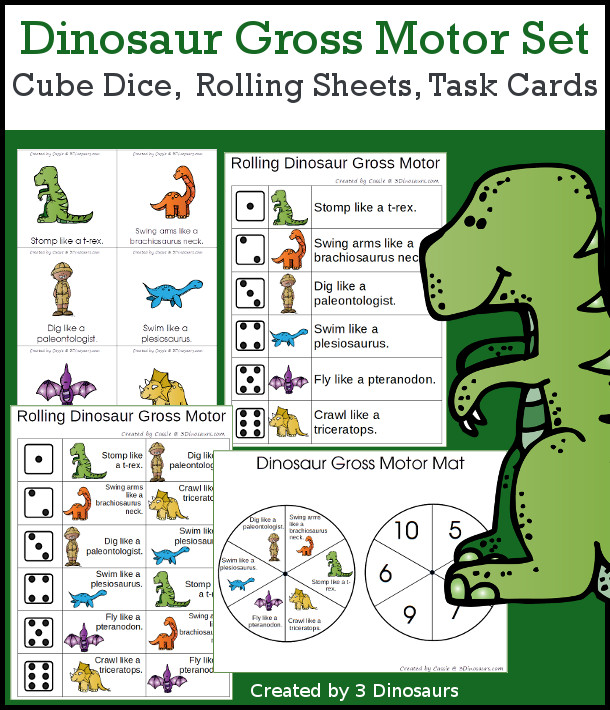 Dinosaurs Gross Motor Dice - with dice, rolling dice sheets, and gross motor cards so you can do fun dinosaur movements. These are perfect for brain breaks and mini gross motor centers - 3Dinosaurs.com