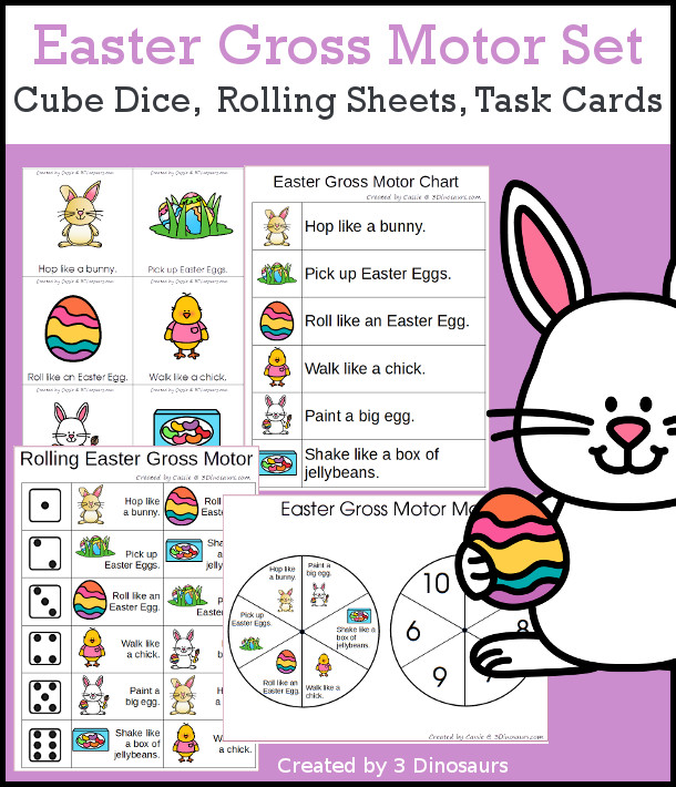 Easter Gross Motor Set- with dice, rolling dice sheets, and gross motor cards so you can do fun Easter themed movements. These are perfect for brain breaks, screen breaks, and mini gross motor centers - 3Dinosaurs.com