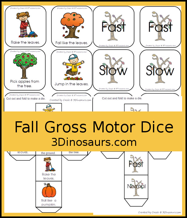 Free Fall Gross Motor Dice - with two dice for movements and speed. They have fall movements for you to use all season - 3Dinosaurs.com #fall #grossmotor #freeprintable 