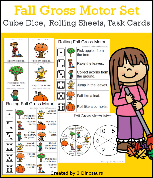 Fall Gross Motor Dice - with dice, rolling dice sheets, and gross motor cards so you can do fun fall movements. These are perfect for brain breaks and mini gross motor centers - 3Dinosaurs.com